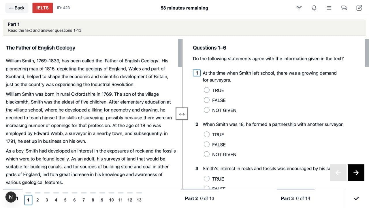 IELTS Reading Test 423 with a passage and questions in a split-screen workspace