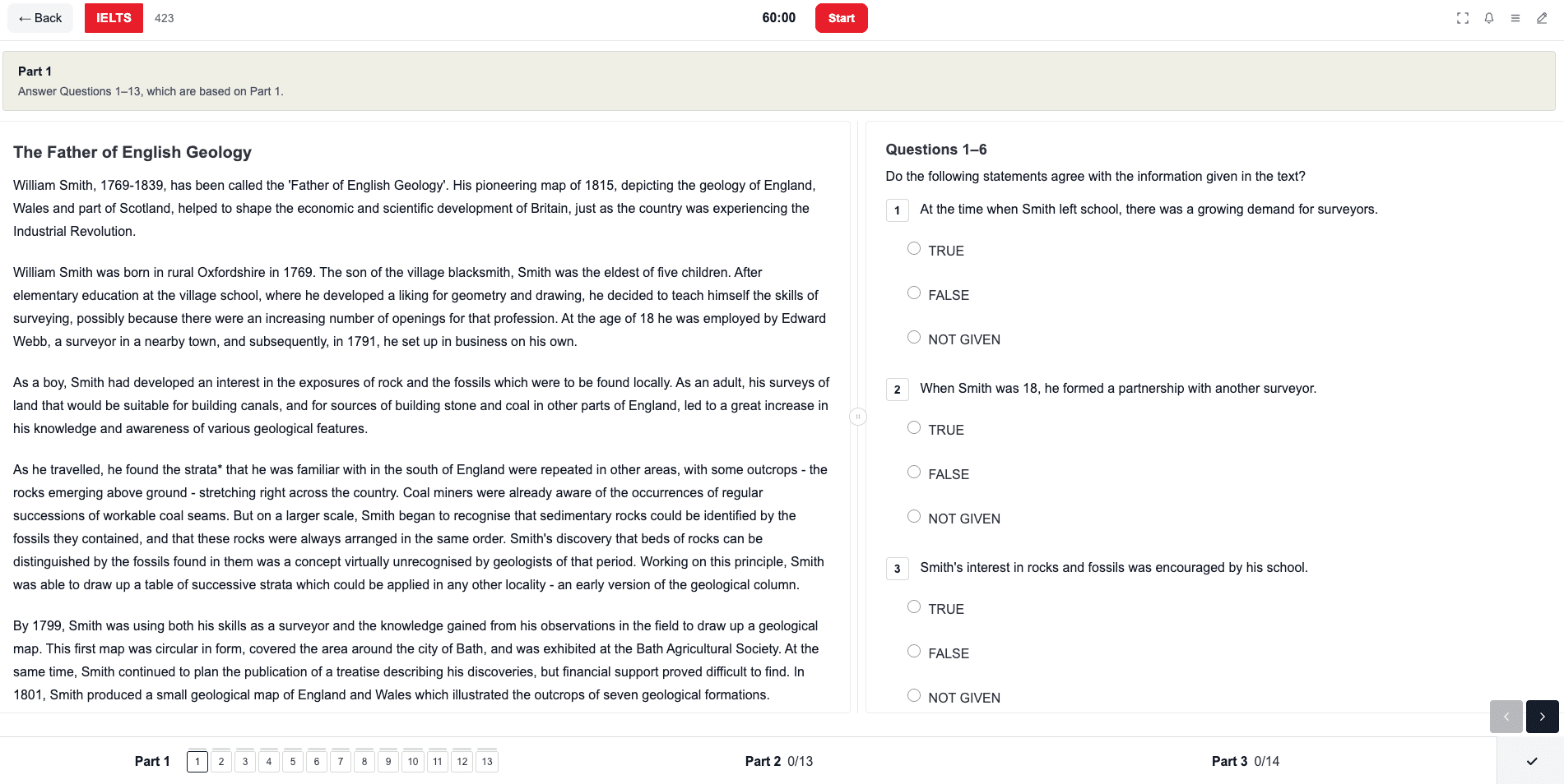 IELTS Usmanov computer-delivered reading test with passage and questions side by side